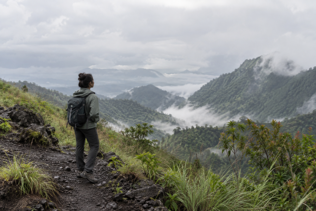 Traveler in a lightweight jacket looking over misty Indonesian highlands