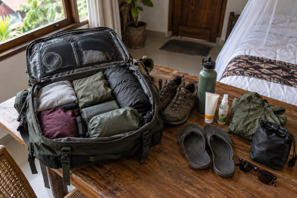 Open travel backpack with clothing and essentials for an Indonesia trip