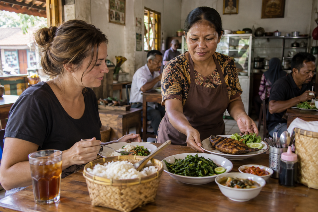 Local warung staff serving food to a traveler in Indonesia