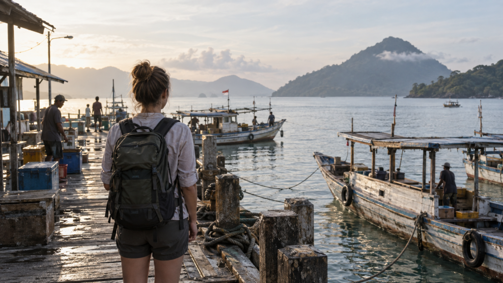 Traveler looking across boats and islands from an Indonesian harbor