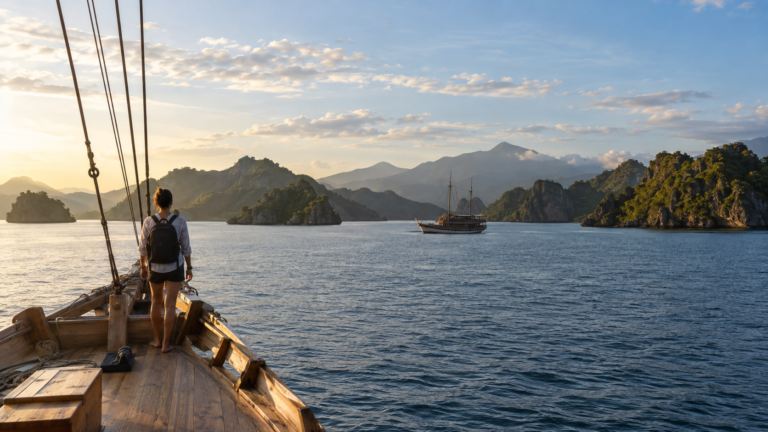 Traveler looking across the Indonesian archipelago from a traditional wooden boat.