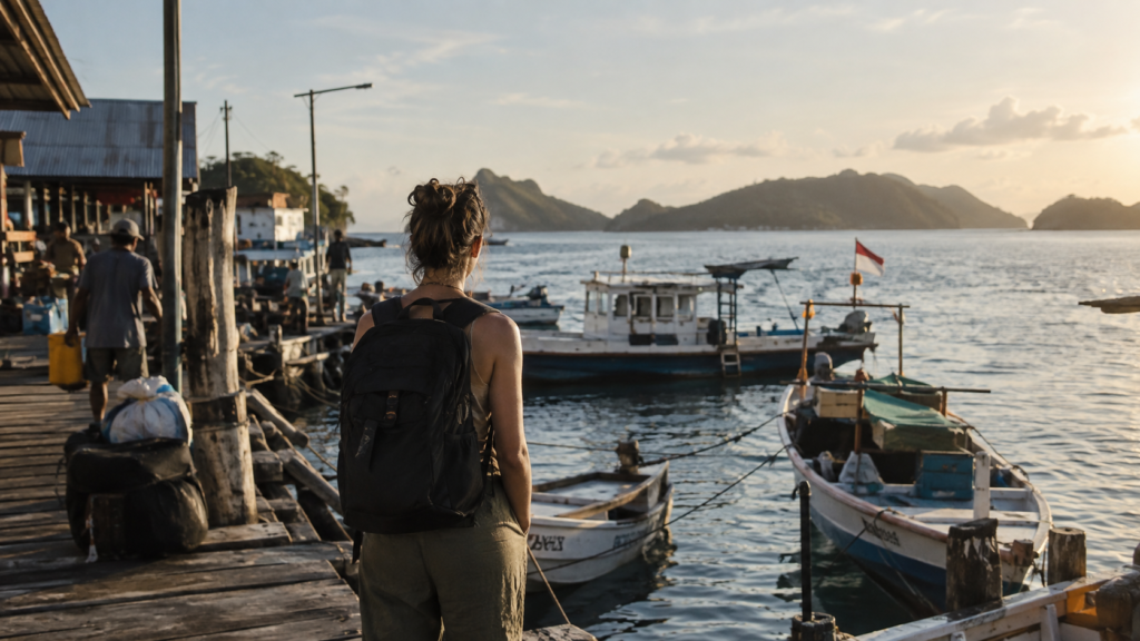 Traveler reflecting at a small Indonesian harbor at the end of a journey.