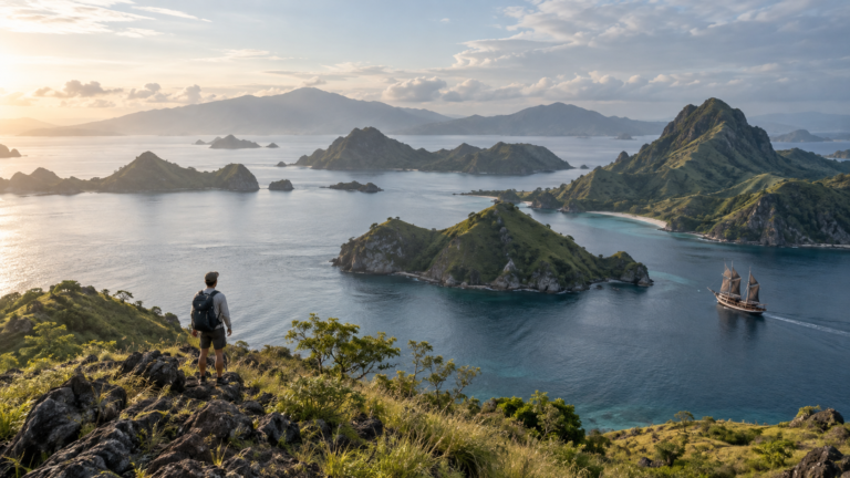 Traveler looking across rugged islands and ocean in Indonesia beyond Bali.