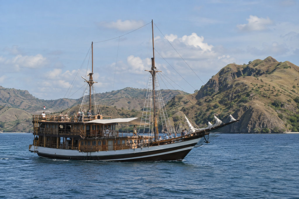 Traditional phinisi sailing among the rugged islands of Komodo National Park.