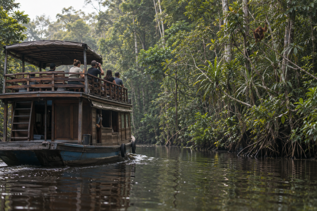 Klotok riverboat and orangutan in the rainforest of Tanjung Puting, Borneo.