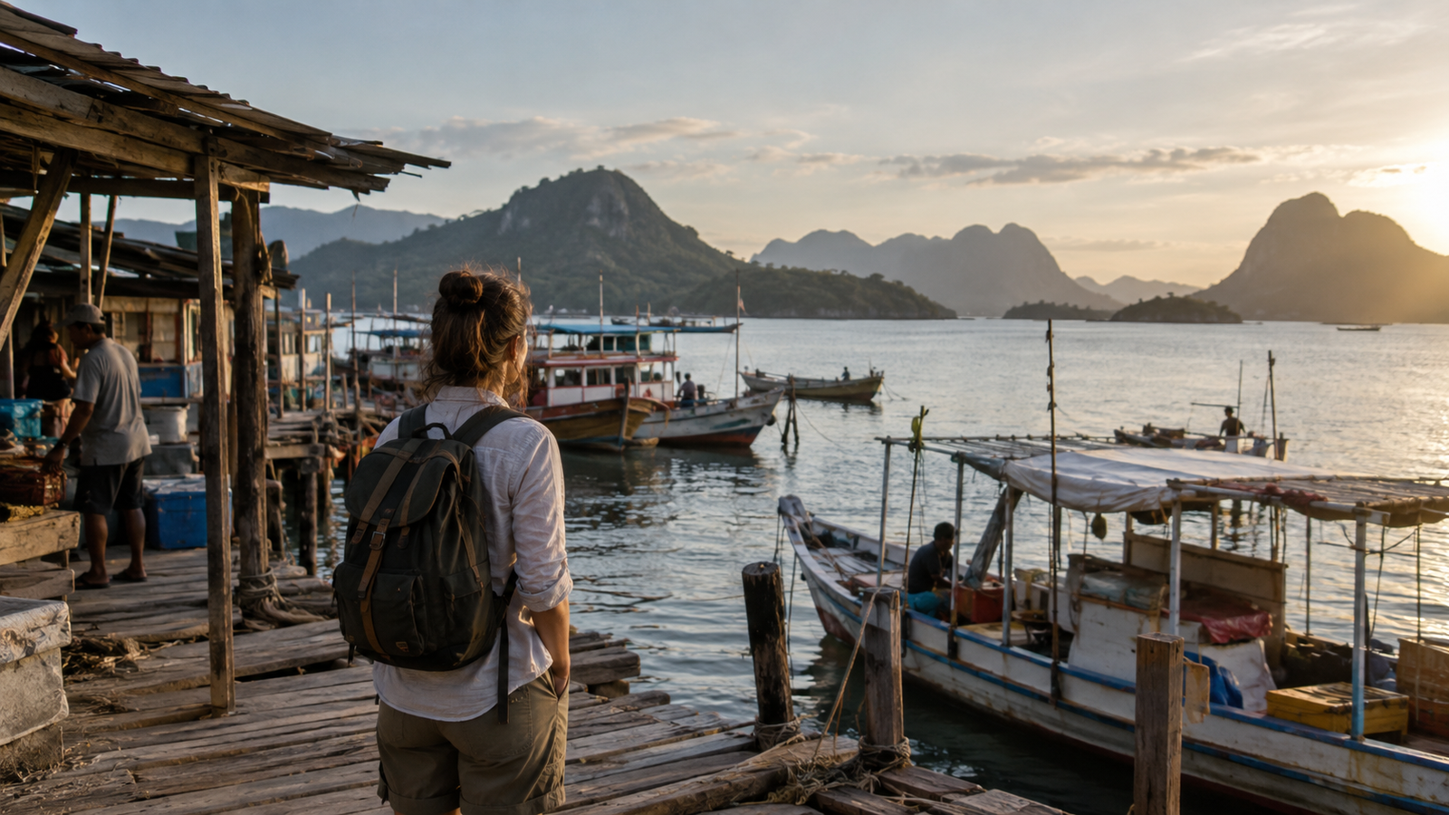 Traveler looking toward Indonesian islands from a local harbor.