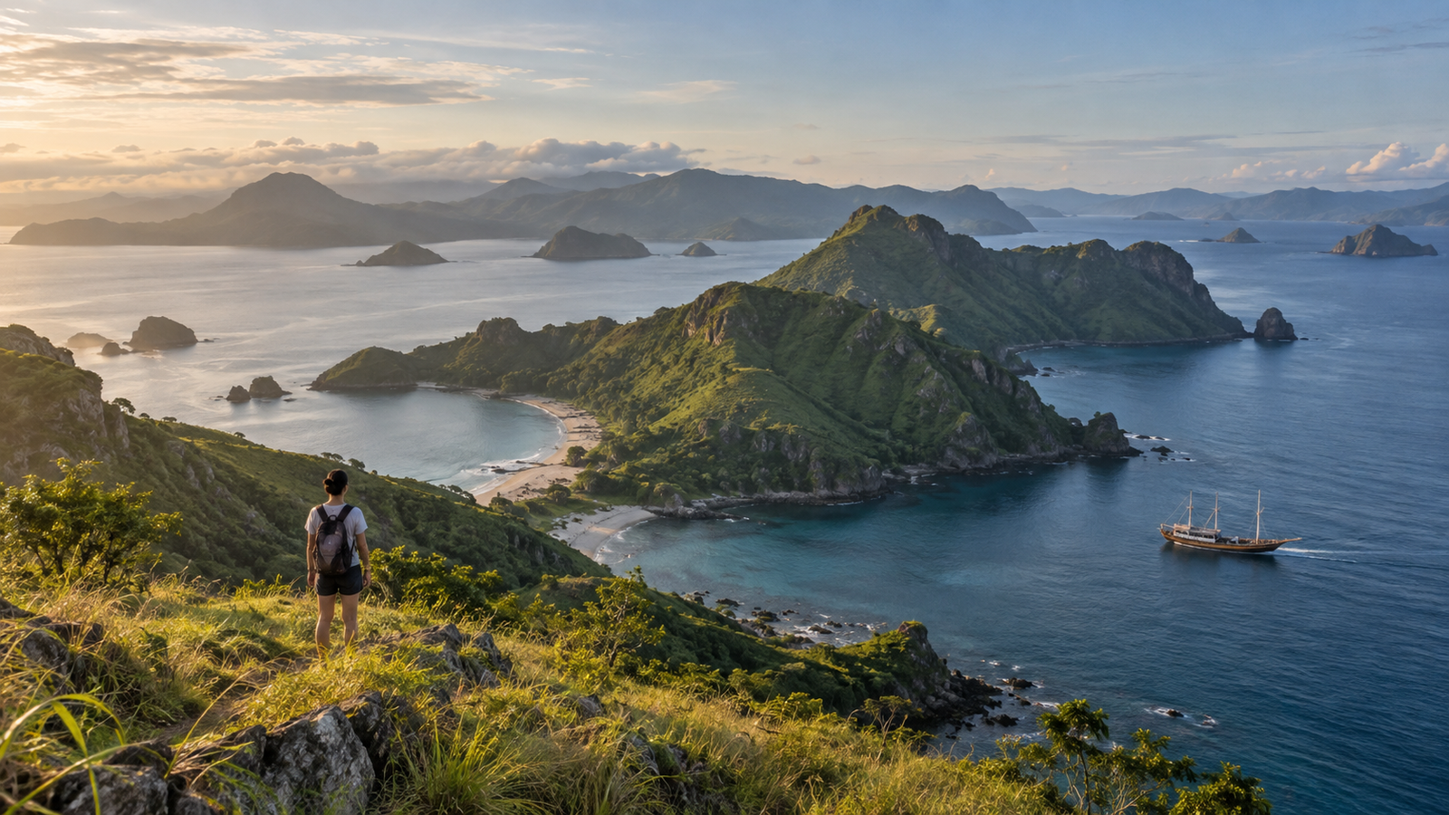 Traveler overlooking the natural diversity of the Indonesian archipelago.