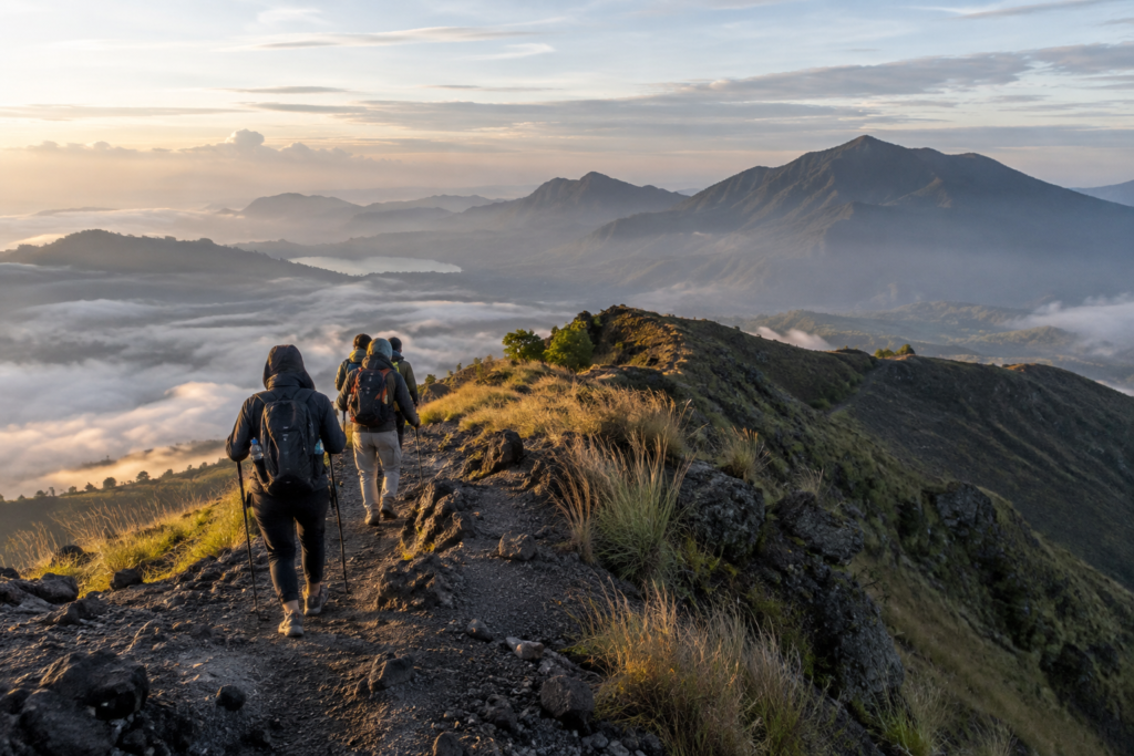 Hikers walking along a volcanic trail in Indonesia at sunrise.
