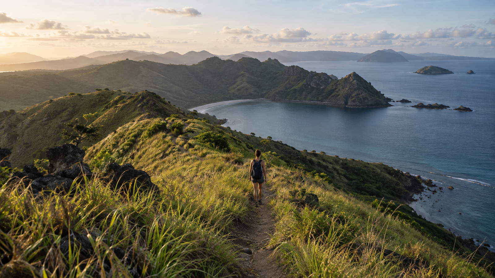 Traveler walking a ridge trail above the Indonesian coastline.